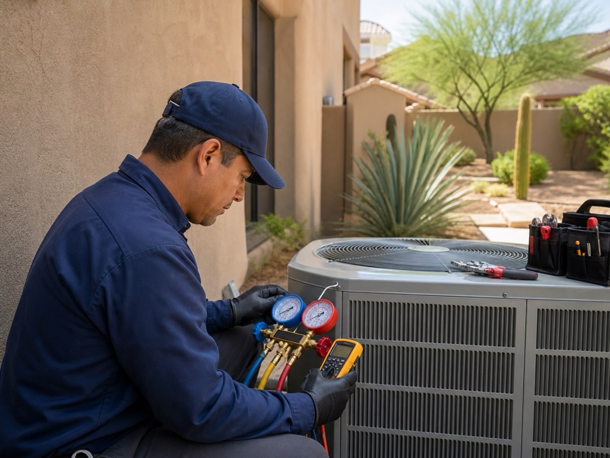 HVAC technician testing a residential air conditioner in Tempe