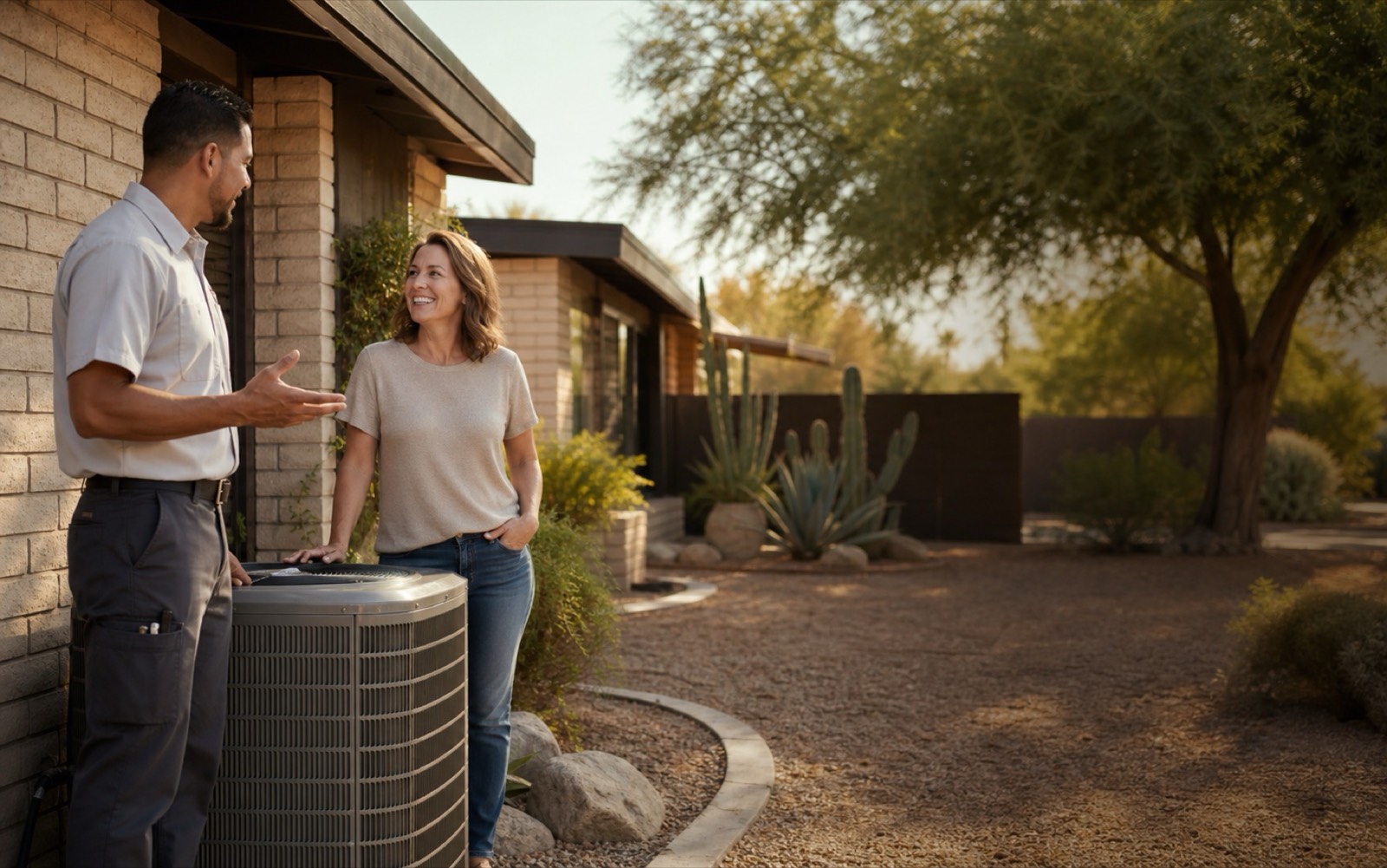 HVAC technician speaking with a Tempe homeowner beside an air conditioner
